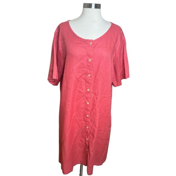Vtg Eddie Bauer Dress Womens XL Linen Coral Pink Short Sleeve Button Down - Picture 1 of 9